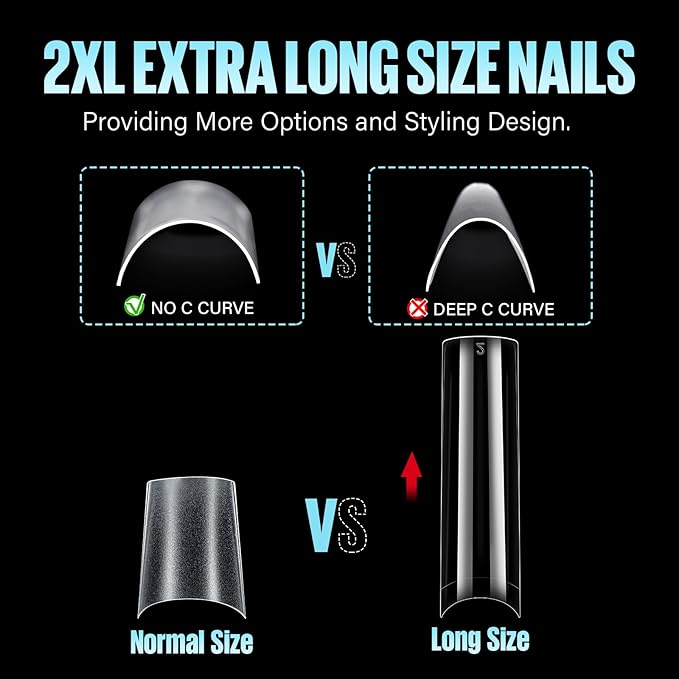 TOMICCA Extra Long Square Nail Tips XXL – 240pcs Clear Half Cover No C Curve Nail Tips, 10 Sizes False Nails for DIY & Salon, Beginners & Professionals