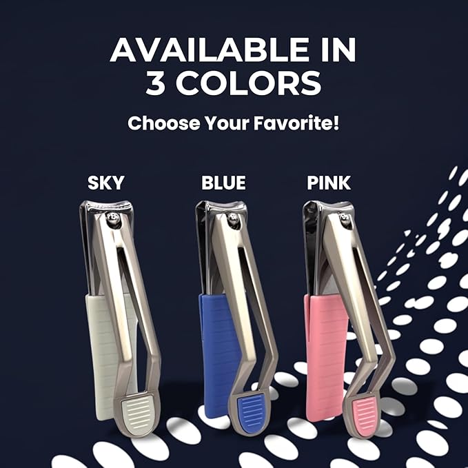 Nail Clippers, Stylish, Comfortable for Seniors, Fingernails, Premium Stainless Steel, Curved Edge, Wide Jaw, Ergonomic, Thumb Rest, Comfort Cuts, Women, Men, Teens, Special Needs, (Sky)