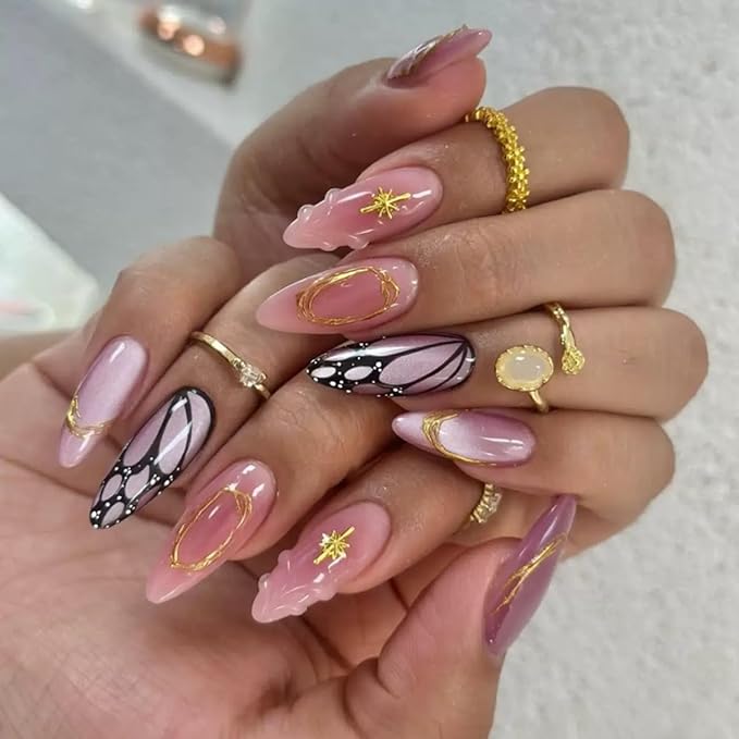 Press on Nails Almond - Medium Fake Nails with Butterfly Design - Glossy, Purple False Nails Press ons - for Women 24 Pcs