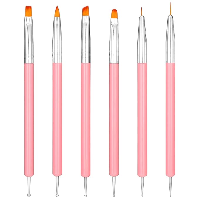 6Pcs Dotting Tools Nail Art Brushes Kit Double Ended Nails Detail Small Brush Design Pen for Gel Polish Lines Nails Drawing DIY Manicures Pink