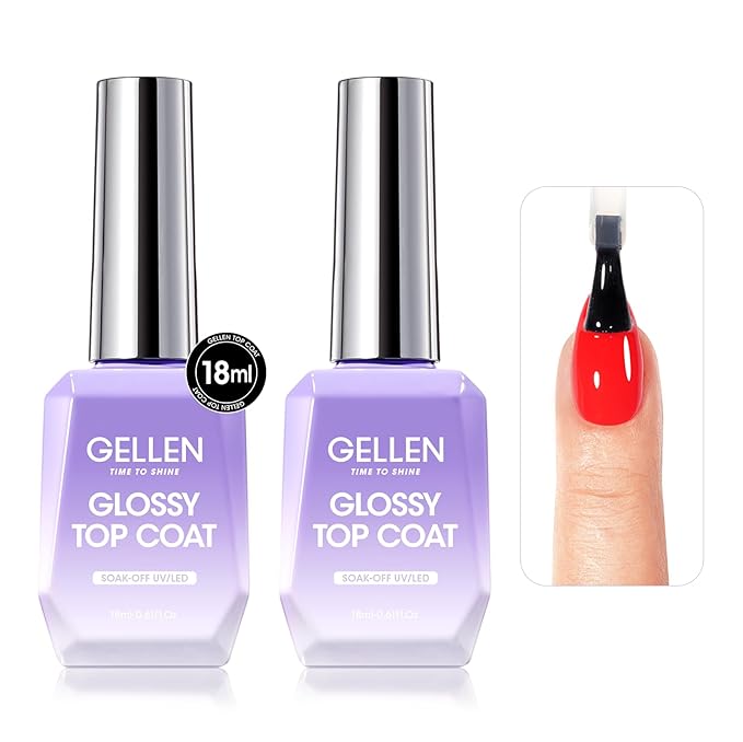 GELLEN 2 Pcs No Wipe Gel Top Coat Set, 18 ml Glossy Top Coat Gel Nail Polish, High Shiny Soak Off UV Lamp Clear Nail Polish, Home Salon Manicure Set