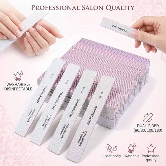 25PCS Professional Rectangular Emery Board Nail Files, 100/180 Grit Dual-Sided Buffer, Reusable Nail Filing Tools for Natural & Acrylic Nails, Home & Salon Manicure Supplies