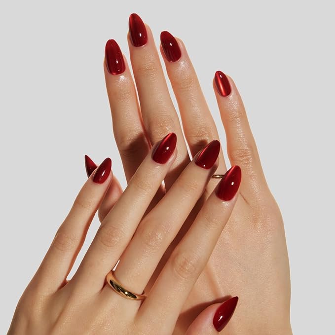 LAMIMOSA 32Pcs Bright Red Cat Eye Press On Nails Short Almond – Sparkly Red Fake Nails in 16 Sizes, Soft Gel Glittery Glue on Nails Kit, RUBY