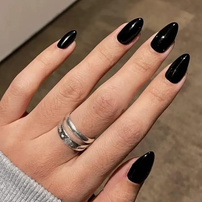 Black Press on Nails Short Almond Fake Nails Press ons False Nails Acrylic Glossy Full Cover Glue on Nails Artificial Stick on Nails for Women Halloween Manicure 24 Pcs