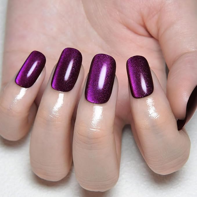 evpct Purple Blue Metallic Cat Eye Press on Nails Square Medium, Stick on Nails Medium Length Square for Women, Purple Metallic Nail press ons, Iridescent Glitter Halloween Acrylic Fake Press on Nail
