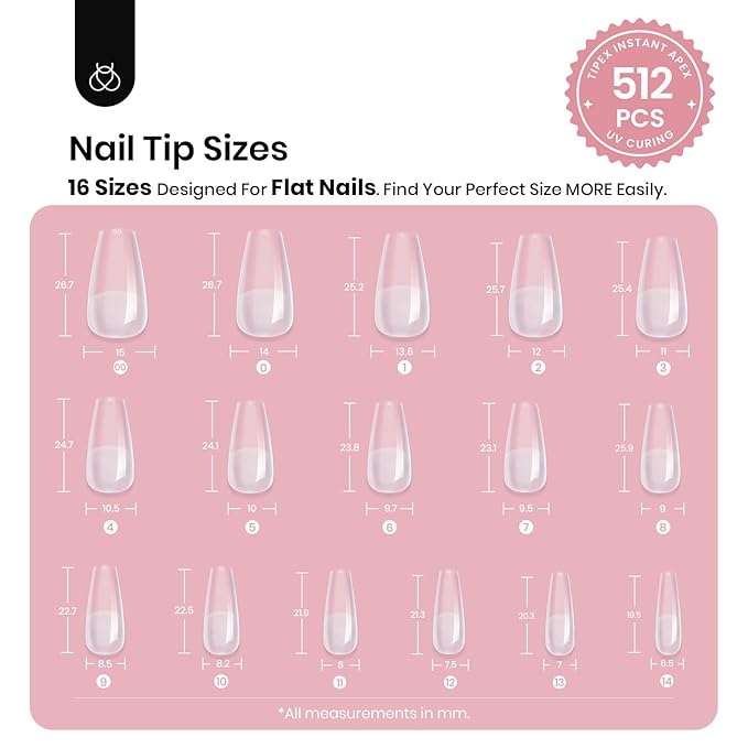 Beetles Tipex Instant Apex Nail Tips, 512Pcs Medium Coffin Pre-Building & Pre-Etched Gel Nail Tips, Thick Strong Half Matte Acrylic Nail, 16 Sizes Press on Nails