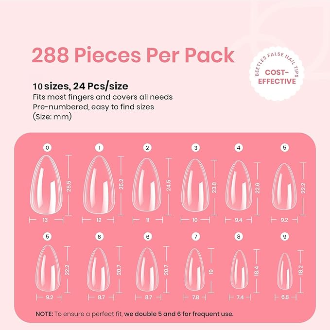 Beetles Gel Nail Tips Clear, Almond Medium, 288Pcs 10 Sizes, Pre-shaped Full Cover Soft Acrylic False Press On Nail Tips Almond Shape Easy Home DIY Fake Nail Extension Art Salon Gift for Women