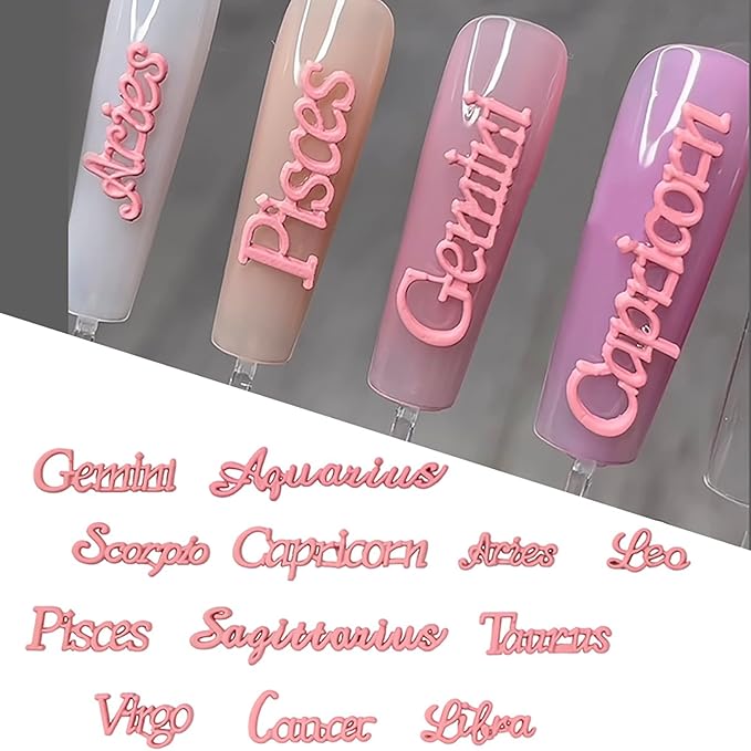 24 Pieces Pink Alloy Zodiac Nail Charms Zodiac Sign Charms for Nails Twelve Constellation Words Charms Virgo Leo Aries Taurus Gemini Capricorn Zodiac Nail Charms for Women Nail Art Decoration