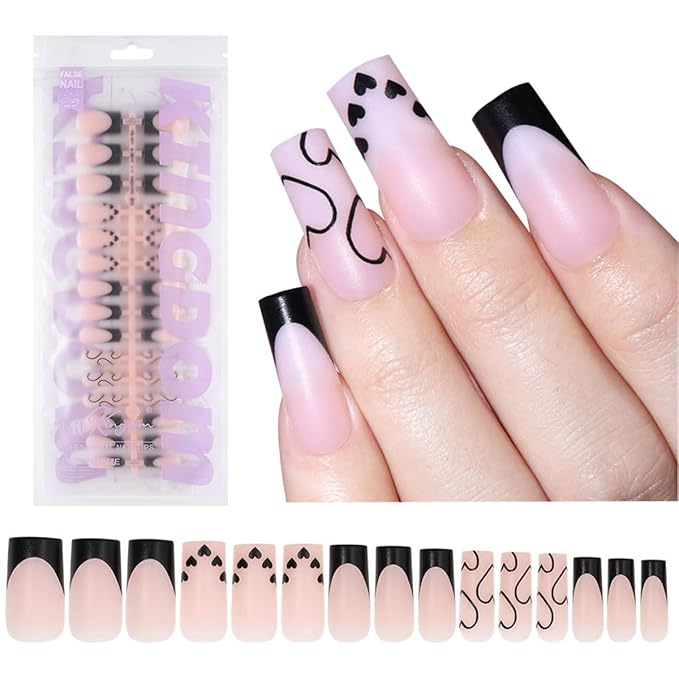 Black French Tip Press On Nails Medium Square Fake Nails with Heart Design Full Cover Matte Stick on False Nails for Women 120pcs 15Sizes
