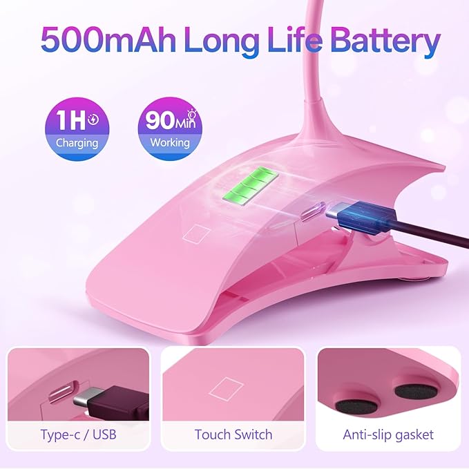 AORAEM UV Nail Lamp Rechargeable Gooseneck UV Light for Gel Nails Touch Flash Cure Lamp Nail Dryer with Clamp, Portable LED Gel Light 3 Level Timing Home Professional DIY Manicure Salon (Pink)
