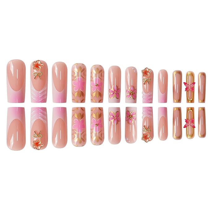 Long Square Press on Nails White French Tip Fake Nails Pink Gradient Glue on Nail with Golden Glitter Swirl 3D Flower Design Acrylic Nail 24Pcs Glossy Stick on False Nails for Women