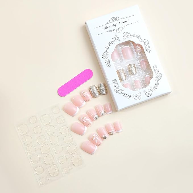 Press on Nails Short Square Fake Nails Leaves False Nails with Designs Gold Glitter Glossy Glue on Nails Full Cover Acrylic Stick on Nail Shiny Artificial Nail for Women Girls Manicure 24Pcs