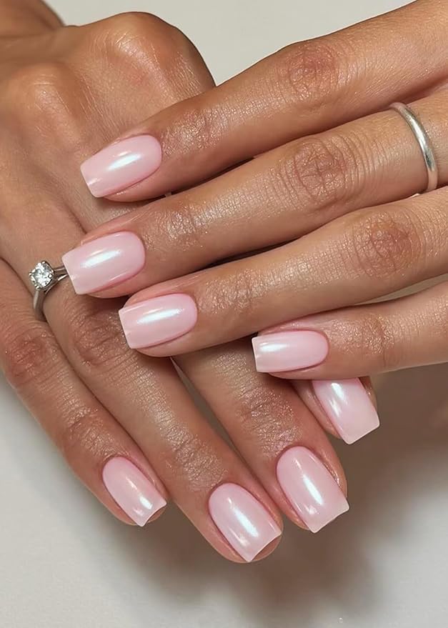 Semi Cured Gel Nail Strips, 20pcs Pink Pearl Shimmer UV Nail Stickers, Stick on Nail Wraps for Home Nails DIY