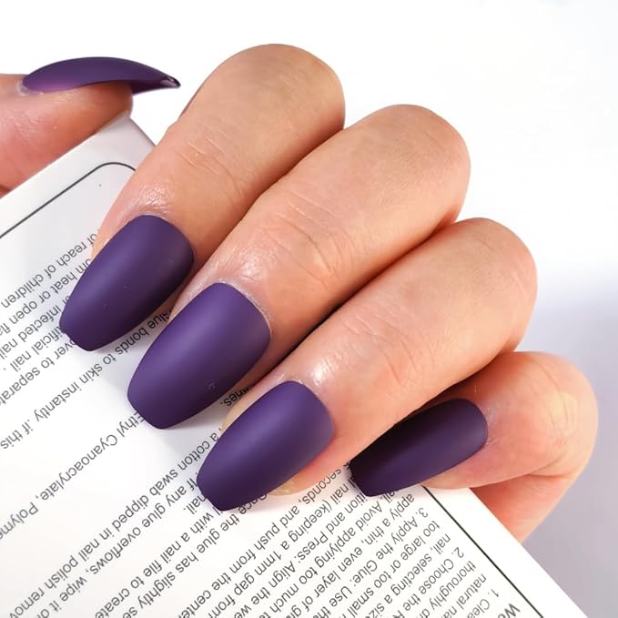 Matte Purple Press-On Nails, Oval Long Reusable Fake Nails,Easy Application Manicure Set for Work, Party & Daily Use, Perfect for Women and Students