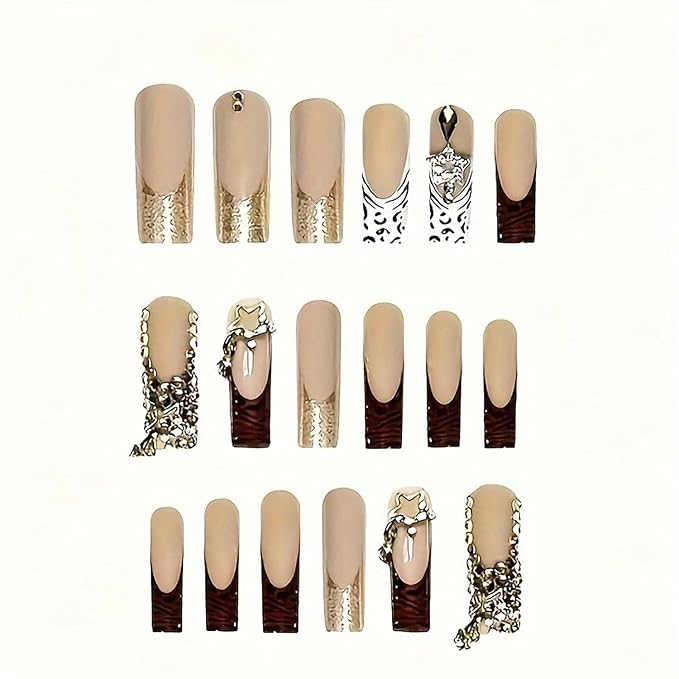 Press on Nails Coffin Long Length Acrylic Glossy Full Cover Square Shaped French False Nails with Designs Artificial Extra Long Fake Nails with Charms Glue ons Fingernails for Women(C080)