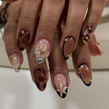 Fall Winter Press on Nails Medium Almond Fake Nails Brown Nails Press ons with Tortoise,Zebra Print,Flower Design,Full Cover Stick on Nail for Women Manicure,Reusable | Artificial | Easy Apply | 24Pcs
