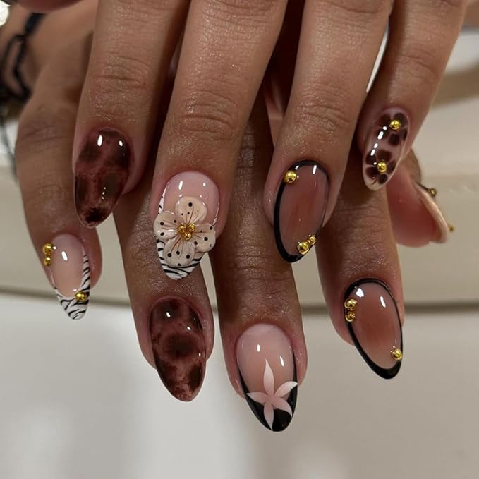Fall Winter Press on Nails Medium Almond Fake Nails Brown Nails Press ons with Tortoise,Zebra Print,Flower Design,Full Cover Stick on Nail for Women Manicure,Reusable | Artificial | Easy Apply | 24Pcs