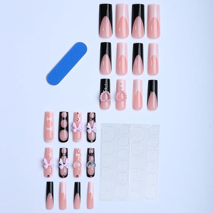 Square Press on Nails Long Black and White Fake Nail Pink Bow with Heart Shape Water Drop Acrylic Nail Press ons Glossy Rhinestones Stick on Nail for Women 24pcs