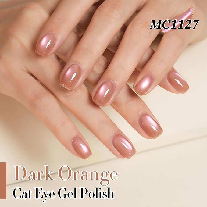 Double Rhythm 15ML Ice Glass Cat Eye Gel Polish with Magnet Holographic Glitter Shimmer Translucent Sheer Color Salon Soak Off Magnetic Nail at Home (Dark Orange-MC1127)