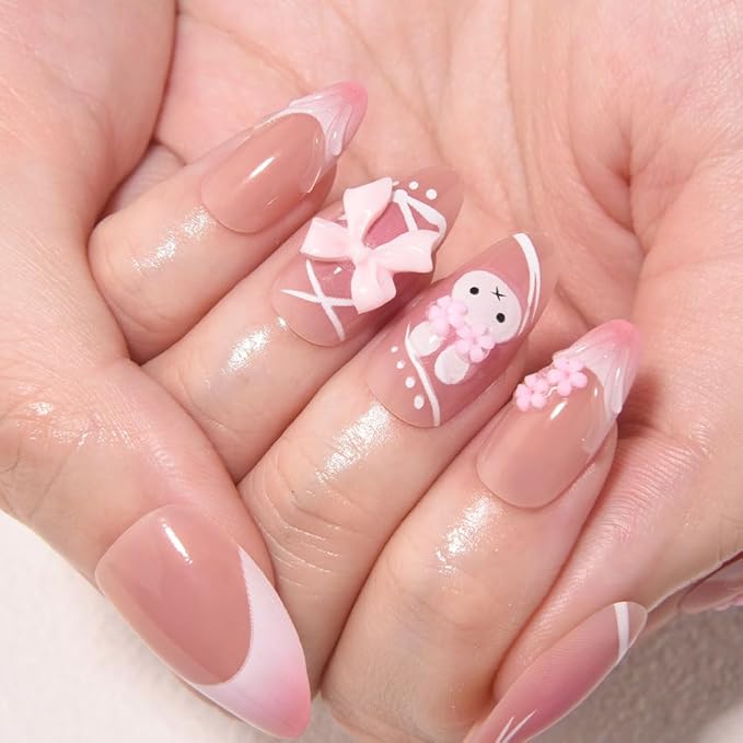 Pink Cute Bunny Teens Press On Nails Medium Almond Fake Nails for Girls With 3D Flower Bow Tie. French Tip Acrylic False Nails. Salon Quality Reusable Nails for Women Gift. 15Size - 30Pcs