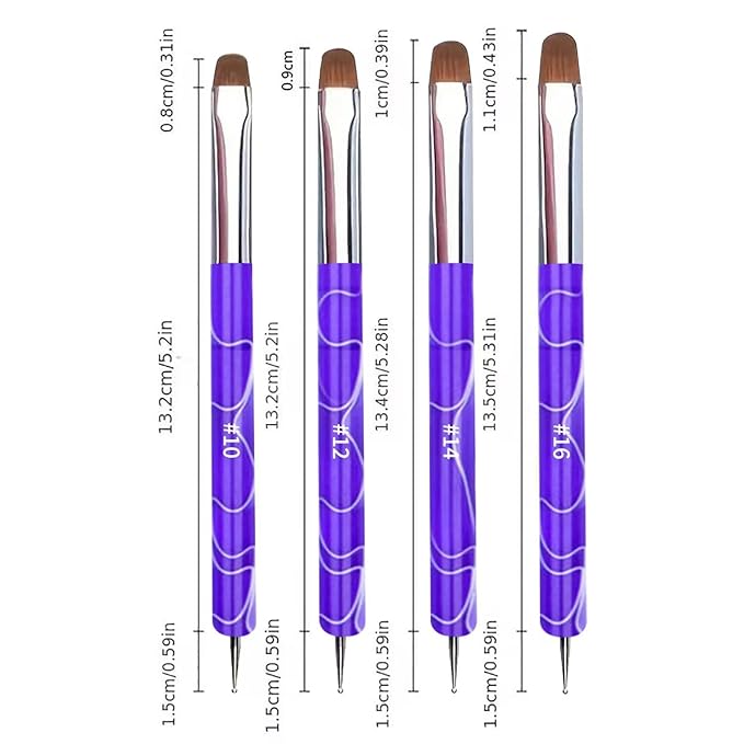 4Pcs French Tip Brush, Double-Ended French Brushes for Nails with Dotting Tool, Clean Up Brush for Gel Nail Polish, Size 10/12/14/16, Acrylic Nail Art Brushes, Manicure Tools for Nail Design-Lavender