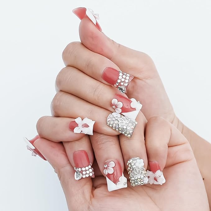 Handmade Press on Nails Short Duck 3D White French Tip with V Design 3D Bow Flower Rhinestones Charms Nude Base Elegant Sturdy Art Pink 10 Pcs False Nails Set (Soft Pink Ivory Bow,L)