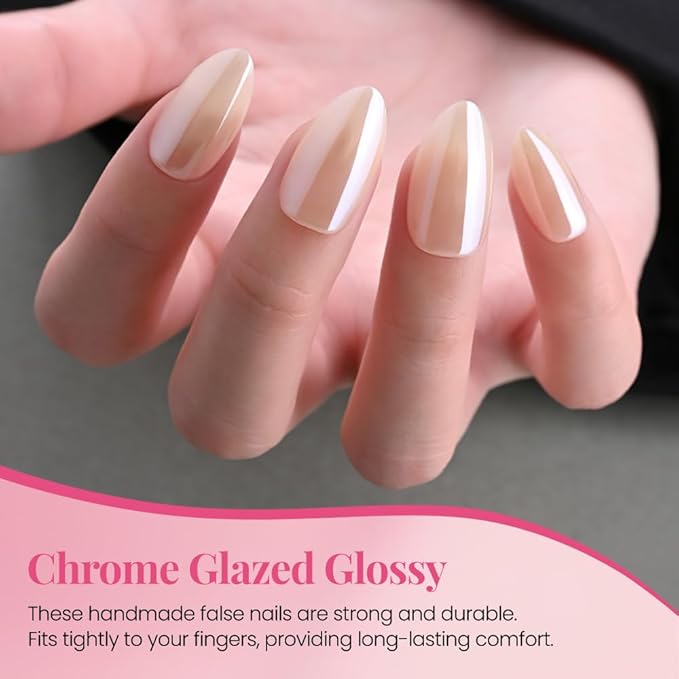 Press on Nails Short Almond - Nude Chrome Glazed Glossy Press on Nail Tips Stick on Nails with Nail Kit for Gift, Reusable Stick On Nails in 15 Sizes - 30 Full Cover Acrylic Soft Gel Fake Nails Kit