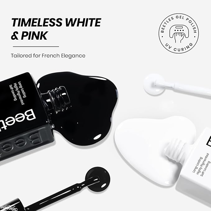 Beetles French Tip Gel Polish - Ink Snow Twins with Base Coat Top Coat, 2 Colors Black & White Gel Nail Polish Set, Soak Off UV LED French Nail Kit, Spring Nails Complete for Beginner & Professional