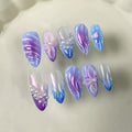 Handmade Press on Nails Almond Fake Nails Medium False Nail 3D Flower and pearl Embossed Sparkly Purple Artificial Nails for Women 10pcs (Size M）