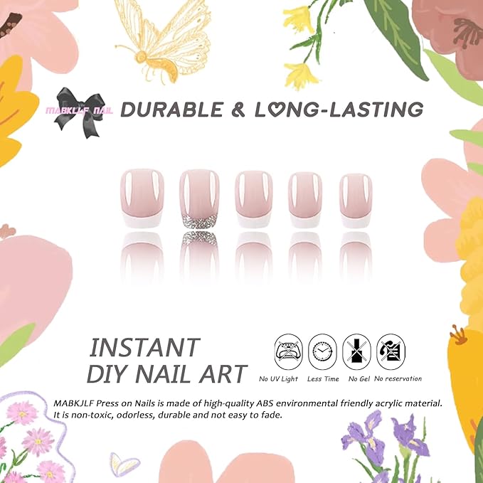 French Tip Glitter Short Square Fake Nails - Pink & White Glossy Design, Sparkly False Nails Glue On with Full Cover Acrylic Stick On Nails - 24 Pcs