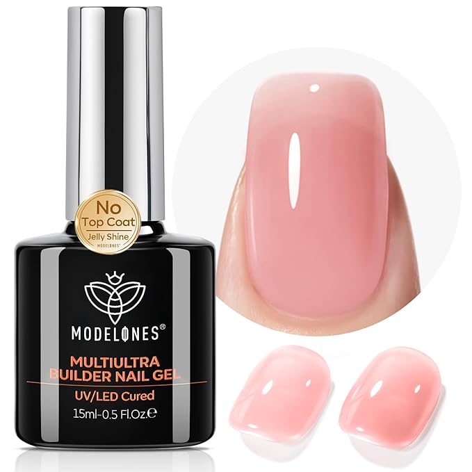 modelones Builder Nail Gel, Peach Pink Builder for Nails No Top Coat Needed, Glossy Jelly Finish Peach Blush, No-Wipe, C-Curve Sculpting, 9-in-One LED Lamp Cured Color Gel Polish for Quick Diy Salon