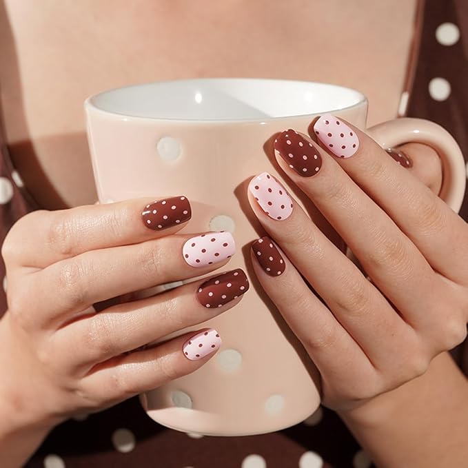 Polka Dot Semi Cured Gel Nail Strips - 20Pcs Brown & Pink UV Gel Nail Wraps with Polka Dots Design, Long Lasting Salon-Quality Stickers, Includes Nails File & Wooden Stick - UV/LED Lamp Required