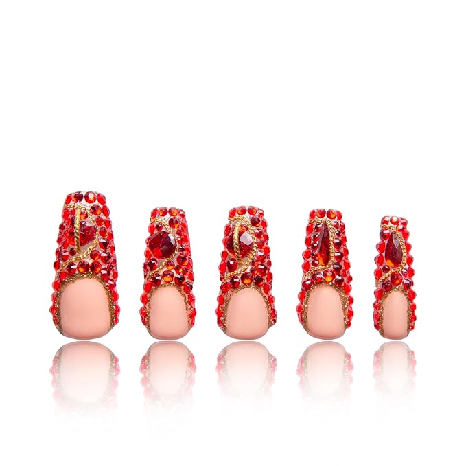 LOVFUL Press on Nails Flamingo | Handmade with Full Covered Crystals | Reusable Full Cover Nails | Coffin Classic Regular 1.3 in | H37-S