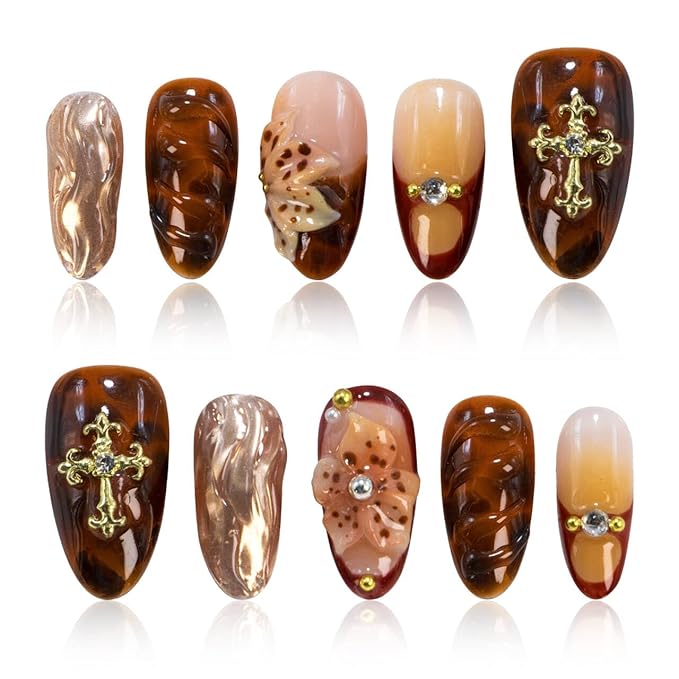 Vintage Luxury Handmade Press On Nails – Glossy Amber False Nails with 3D Carved Flower, Cross Charms & Rhinestones, Reusable Stick on Sculpted Nails for Women (Size M)