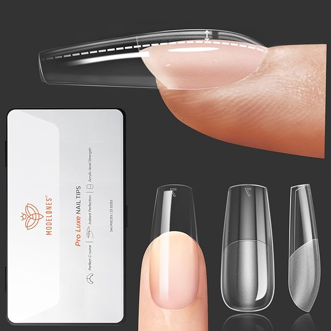 modelones Pro Luxe Instant Nail Apex Tips 15 Sizes, Medium Coffin Extension Gel Tips Pre-building & Pre-etched Thicker Strength Acrylic Fake Nails Full Cover 240 Pcs