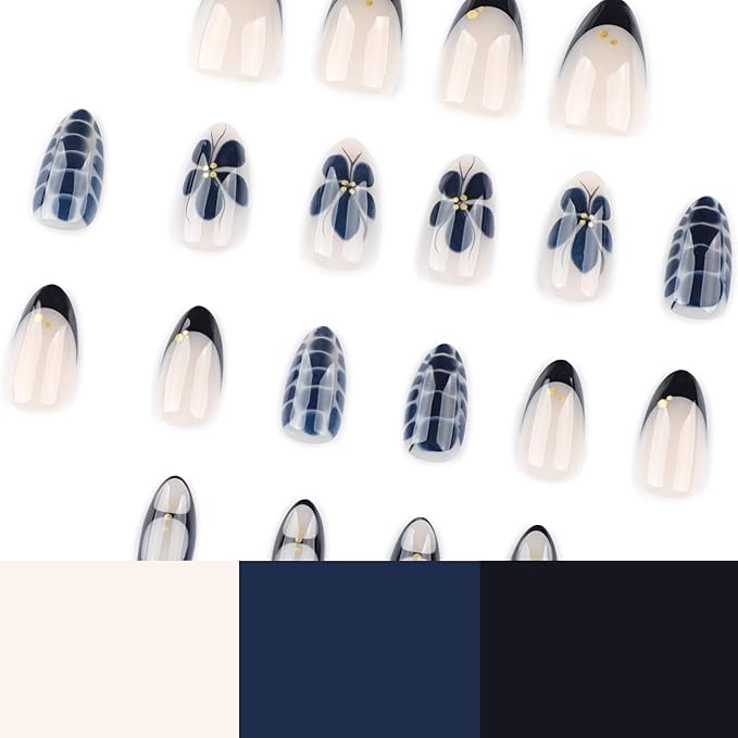French Short Almond Press On Nails, Nude Fake Nails with Black Floral & Crocodile Texture Detail, Glossy Gel Finish Acrylic Nails, Daily/Party Reusable Glue On Nails Kit for Women, 24Pcs