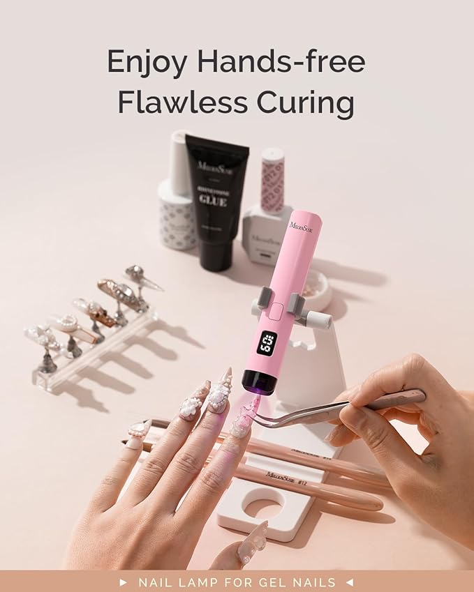MelodySusie Handheld UV Light for Gel Nails with Stand, Mini Portable Cordless Nail Lamp with LCD Display, Eye-Protective Cover, Flash Curing for Glue Pink