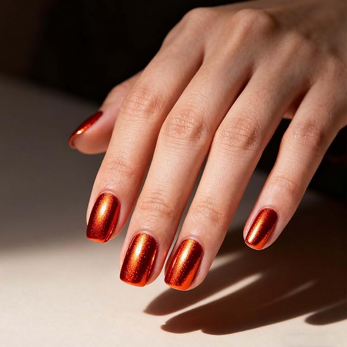 Semi Cured Gel Nail Strips - Chrome Orange Red Nail for Date Wear, 20 Pcs DIY at Home Nail Art, UV/LED Lamp Required, Beginner Friendly & Salon Quality Manicure