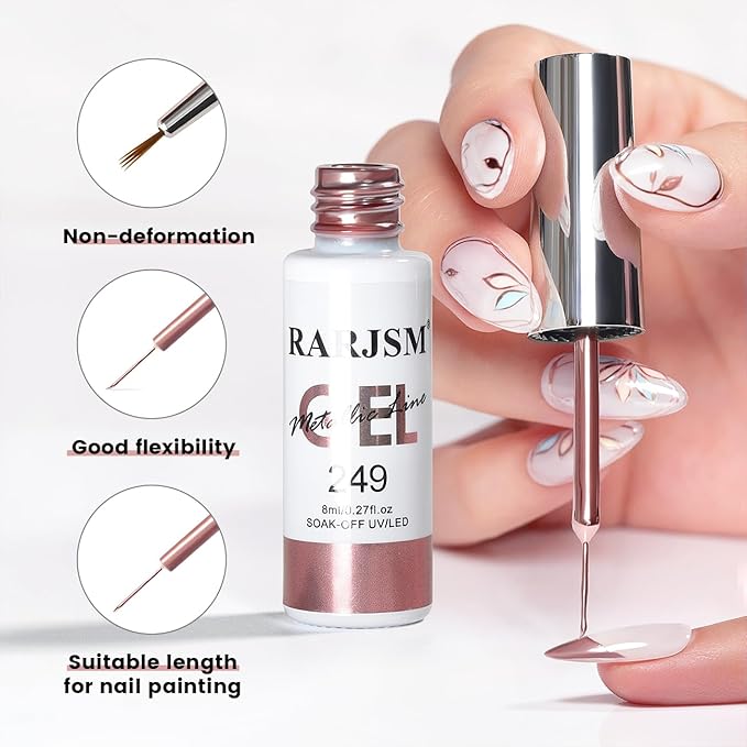 RARJSM Metallic Chrome Gel Liner Nail Art 3D Mirror Bronze Gold Rose Gold Effect Gel Nail Polish 8ml Painting Build in Thin Brush Metal Painted Drawing Striper GelPolish Curing Requires Home Salon