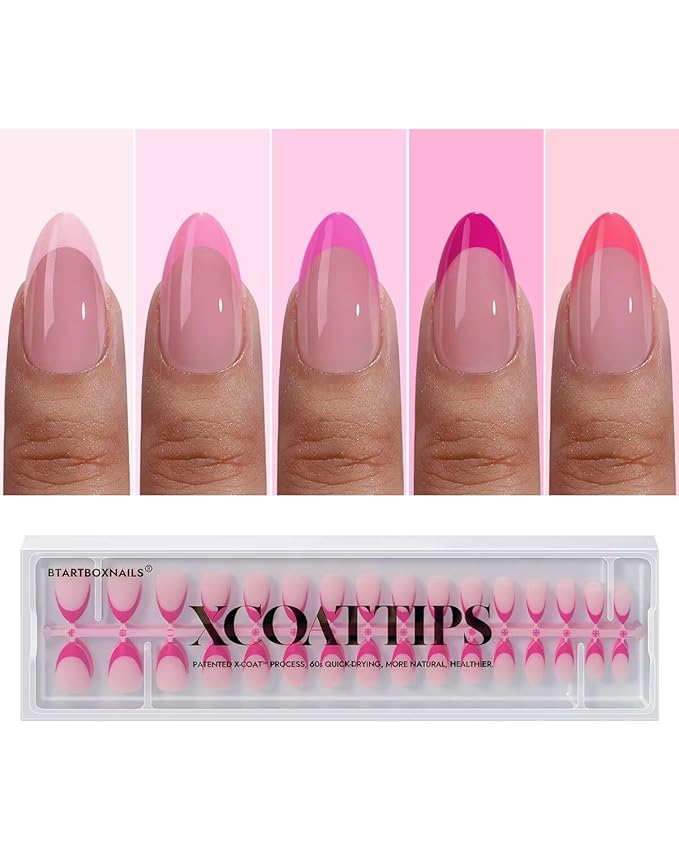 BTArtboxnails XCOATTIPS Pink French Tip Press On Nails - Short Almond Press On Nails, Soft Gel Nail Tips, Soak Off Pink Acrylic Fake Nail Extension in 16 Sizes