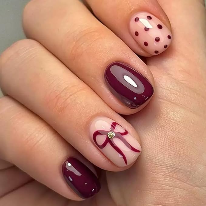 Short Press on Nails Square - Wine Red Fake Nails with Bow Design - Polka Dot Full Cover Stick on False Nails - for Women 24 Pcs