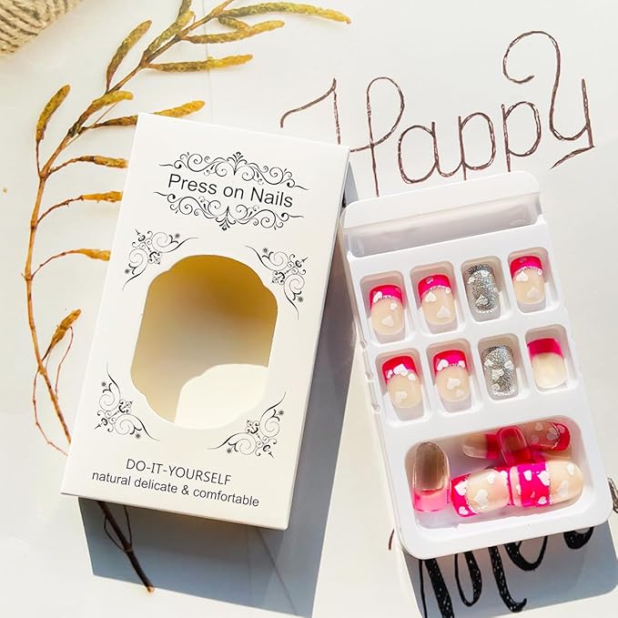 24Pcs Valentines Press on Nails French Tip Short Square Fake Nails with Heart False Nails Rose Pink Nail Tips Acrylic Nails Silver Glitter Valentines Glue on Nails for Women DIY Manicure Design