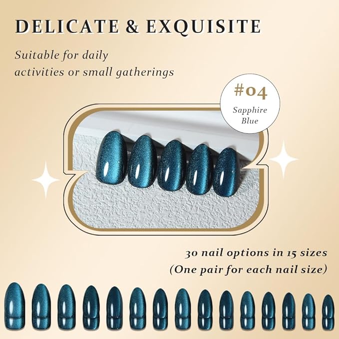 evpct Dark Blue Press on Nails Almond Short, Sapphire Blue Cat Eye Glitter Holographic Press on Nails, Soft Gel Press Stick on Nail with Nail Kit, Full Cover, 30Pcs Reusable Acrylic Fake Nails Kit