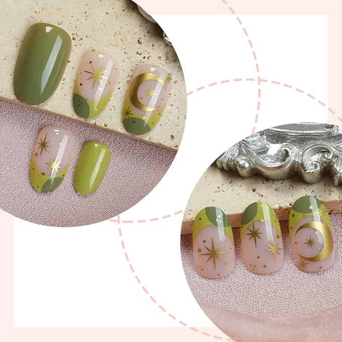 Press on Nails Almond Green Star French Fake Nails French Fake Reusable Nail Kit with Nail Glue Adhesive Tabs Mini Nail File for Women Manicure Art Decoration 24PCS
