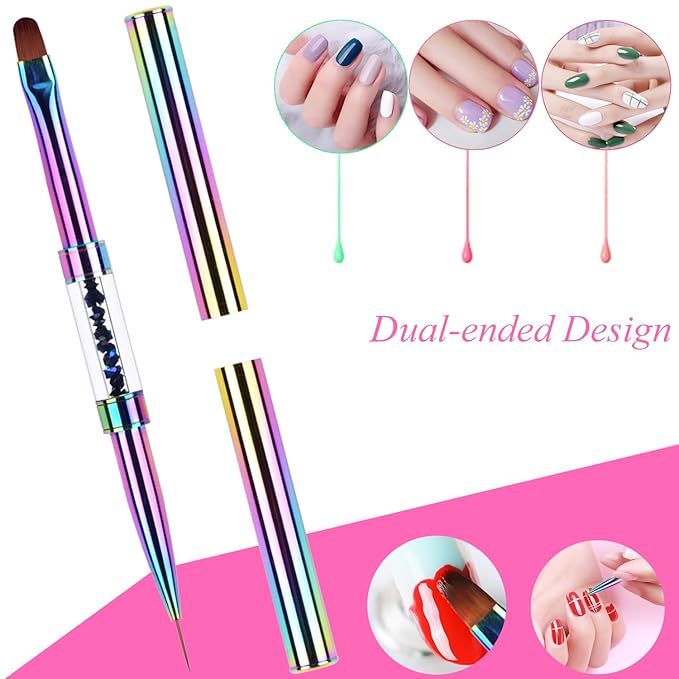 1Pcs Dual-ended UV Gel Nail Brush Rhinestone Handle Nail Art Liner Brush Polygel Hard Builder Gel Nail Brushes Rainbow