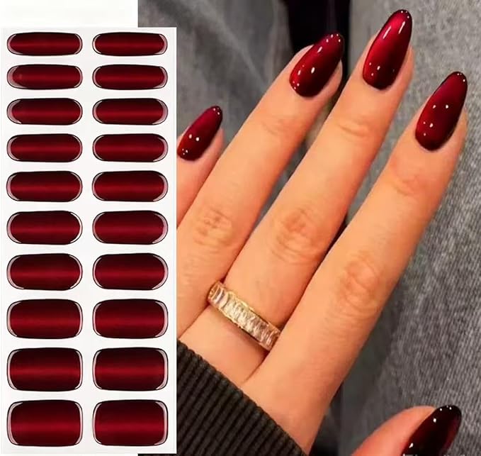 Semi Cured Gel Nail Strips Black Red Gradient Cat Eye Gel Nail Wraps Gift for Women UV Light RequiredNail Art Stickers Pegatinas Uñas Nail Decals Nails Sticker