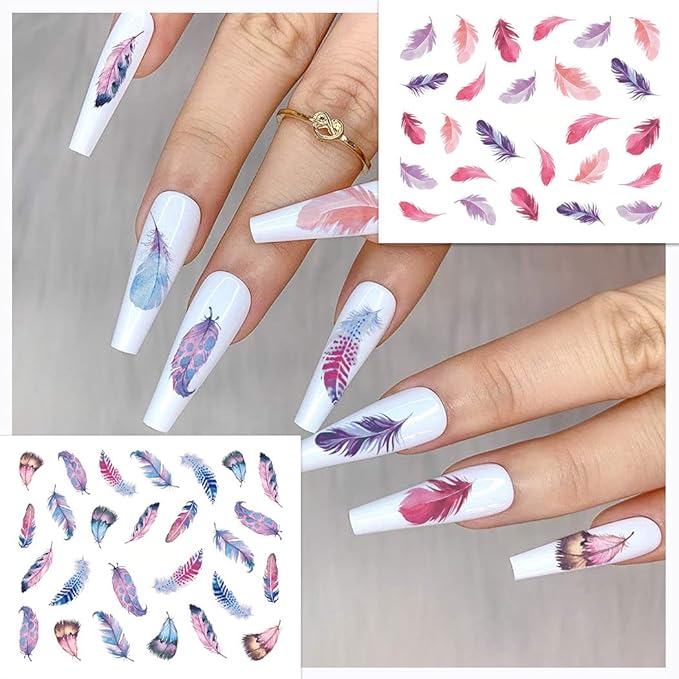 WOKOTO 44 Sheets Feather Nail Art Stickers - 3D Nail Decals with Flowers, Animals - Self-Adhesive Flower Nail Stickers for Women & Girls Acrylic Nails
