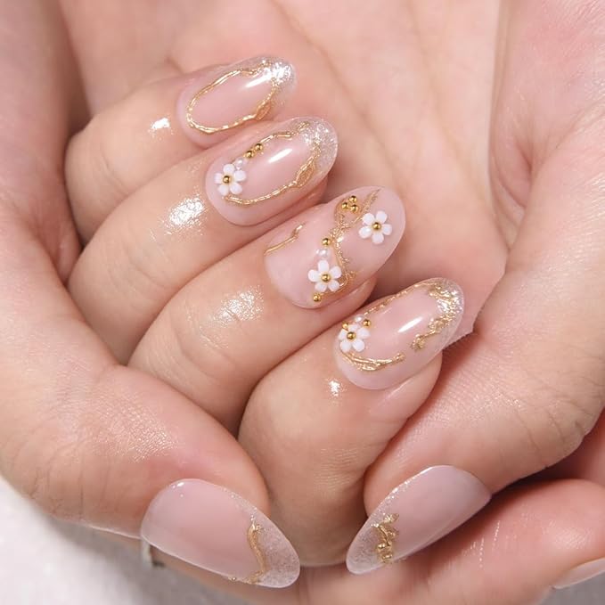 French Gold Pearl White Flower Press on Nails, Short Round Acrylic Fake Nails Design, Natural Reusable Nails Kit for Women DIY False Nail Art Decoration Gift, Salon Quality Reusable 24 Pcs