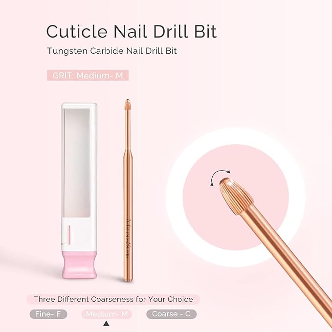 MelodySusie Cuticle Clean Nail Drill Bit 3/32'', Professional Safety Carbide Under Nail Cleaner Nail Bit for Cuticle Dead Skin Nail Prepare, Two Way Rotate, Nail Salon Supply(Rose Gold, Medium)
