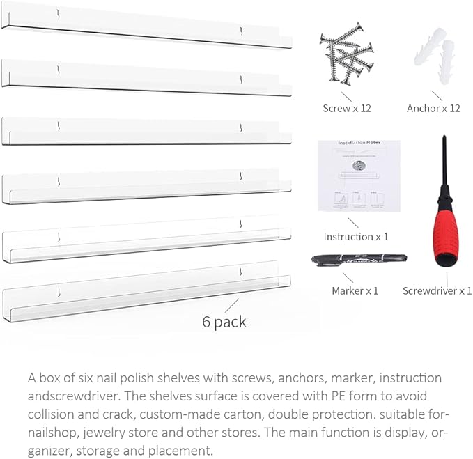 24 Inches Acrylic Nail Polish Rack for Wall, Clear Nail Polish Organizer Wall Mounted for 150 Bottles, 6 Pack
